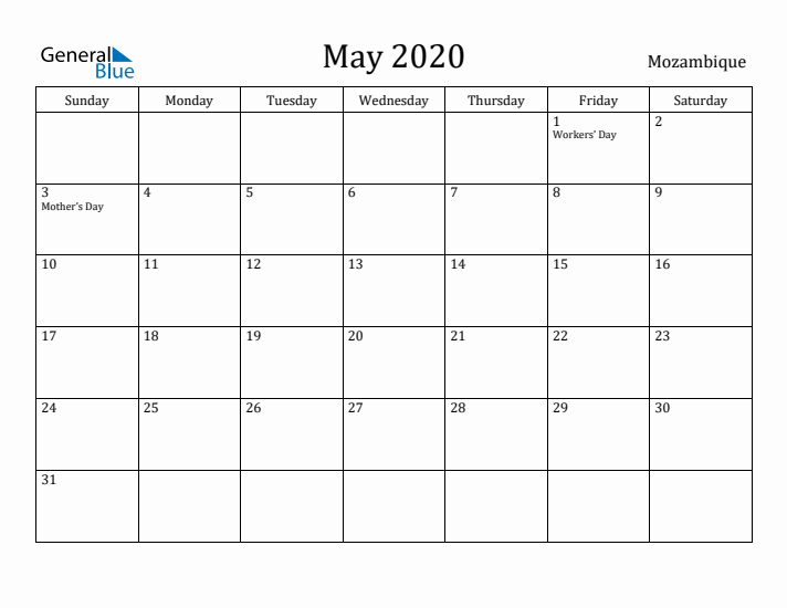 May 2020 Calendar Mozambique