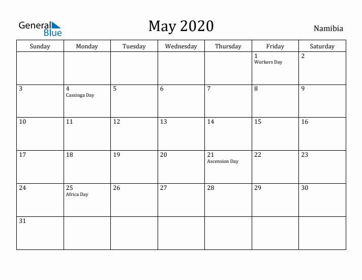 May 2020 Calendar Namibia
