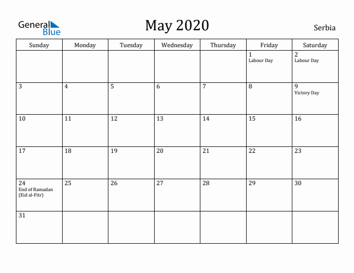 May 2020 Calendar Serbia