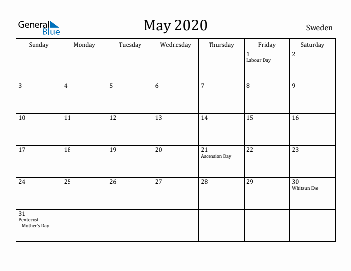 May 2020 Calendar Sweden