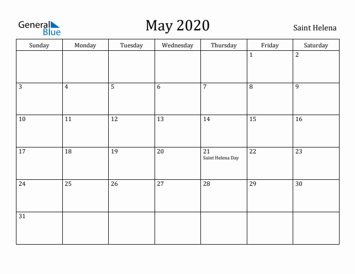 May 2020 Calendar Saint Helena