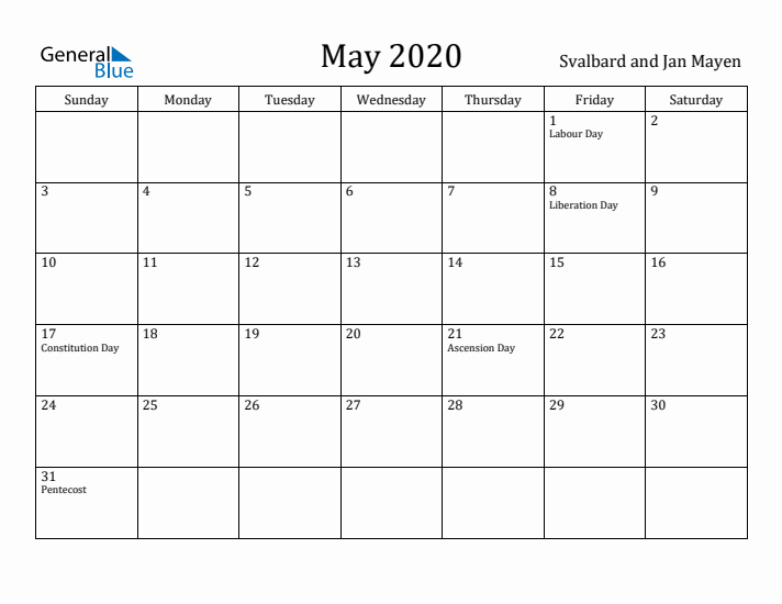 May 2020 Calendar Svalbard and Jan Mayen