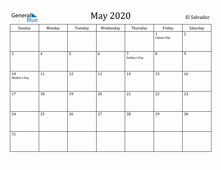 May 2020 Calendar El Salvador