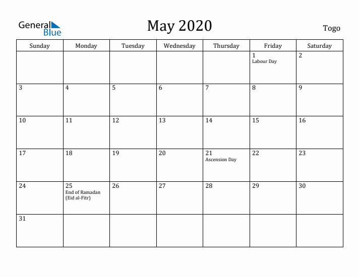 May 2020 Calendar Togo