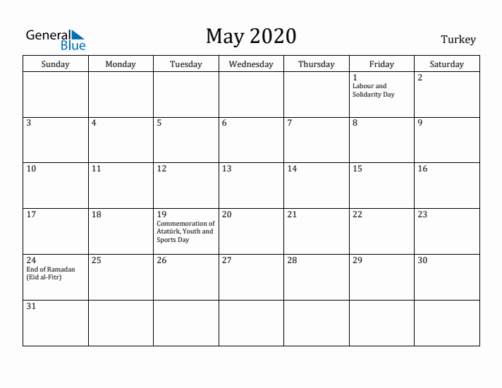 May 2020 Calendar Turkey