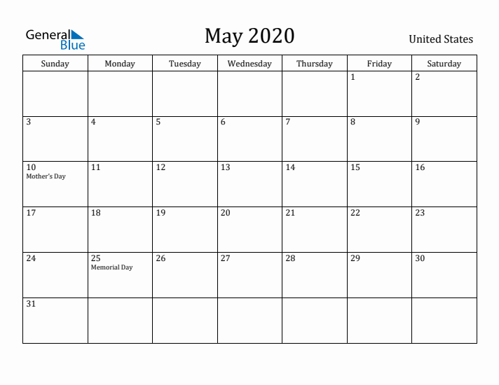 May 2020 Calendar United States