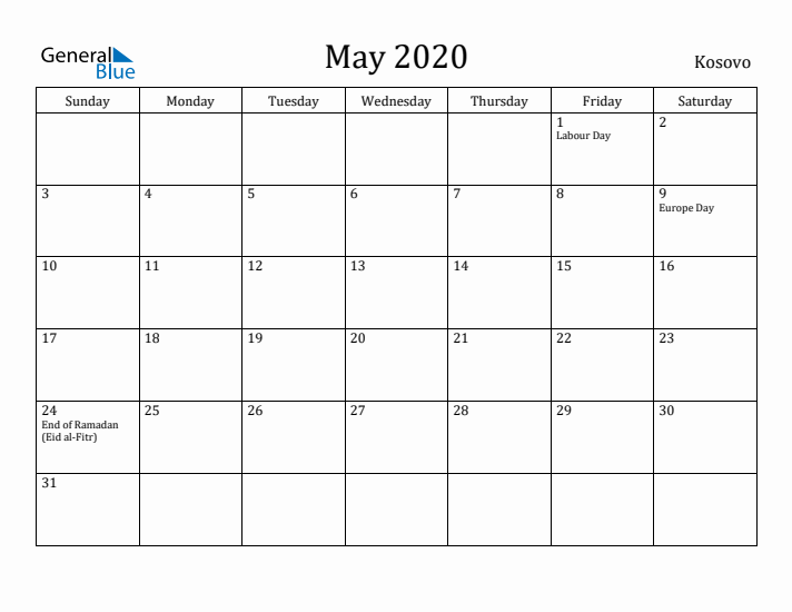 May 2020 Calendar Kosovo