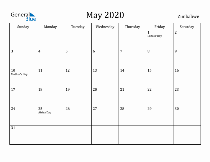 May 2020 Calendar Zimbabwe