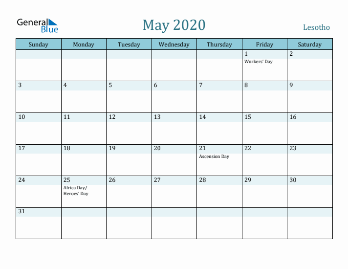 May 2020 Calendar with Holidays