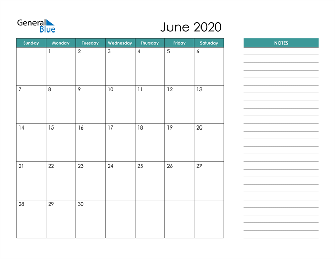  June 2020 Calendar with Notes