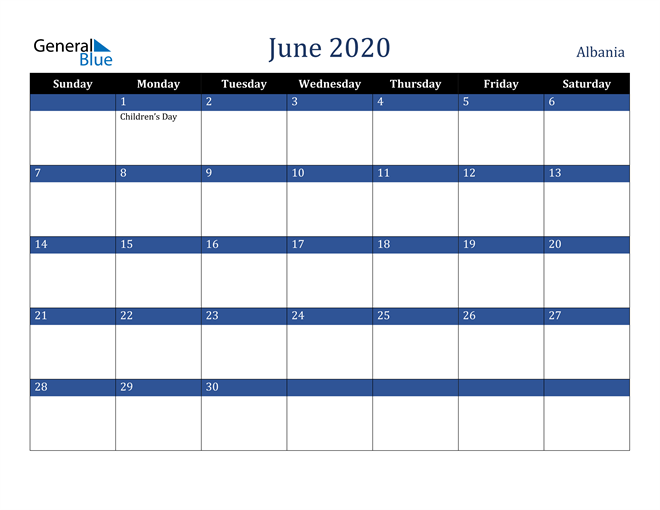 June 2020 Albania Calendar
