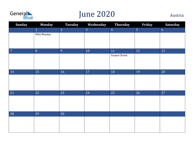 June 2020 Austria Calendar