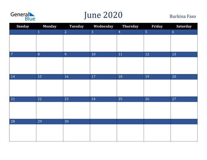 June 2020 Burkina Faso Calendar