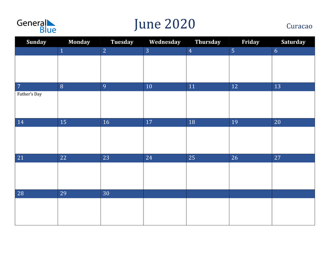 June 2020 Curacao Calendar