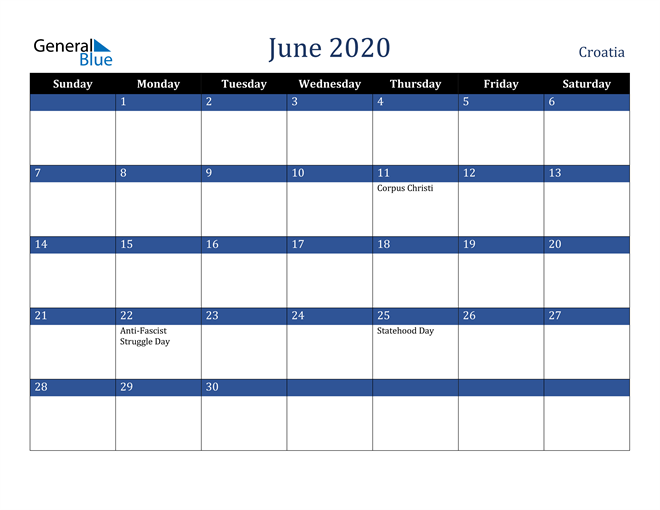 June 2020 Croatia Calendar