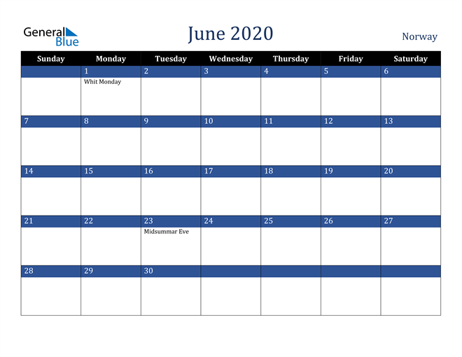 June 2020 Norway Calendar