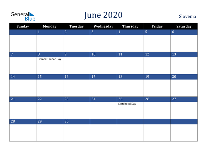 June 2020 Slovenia Calendar