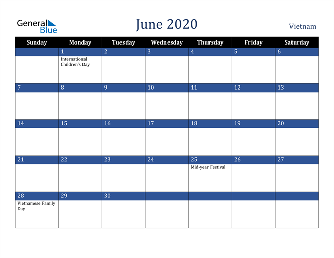 June 2020 Vietnam Calendar