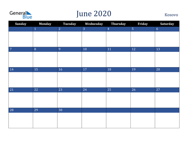 June 2020 Kosovo Calendar