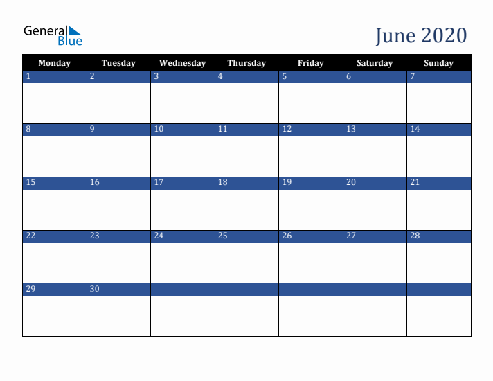 Monday Start Calendar for June 2020