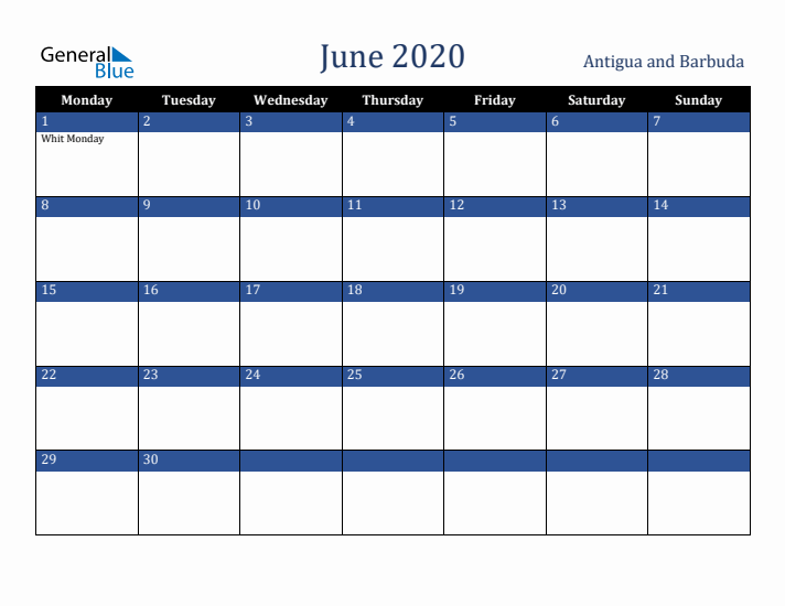June 2020 Antigua and Barbuda Calendar (Monday Start)