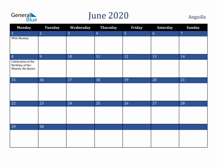 June 2020 Anguilla Calendar (Monday Start)