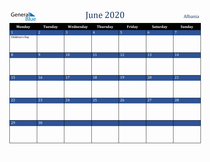 June 2020 Albania Calendar (Monday Start)