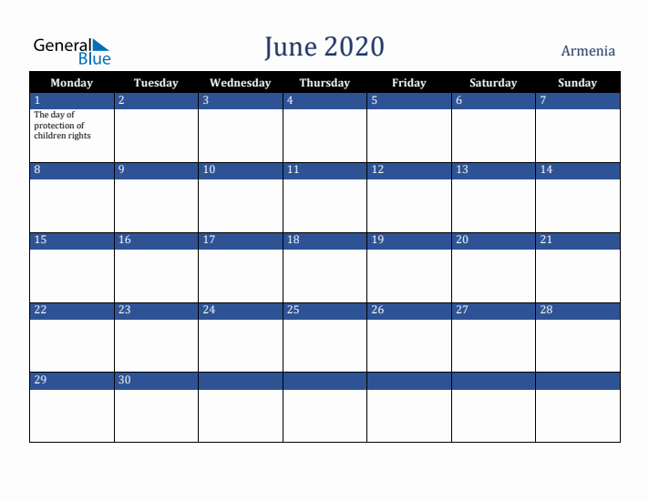 June 2020 Armenia Calendar (Monday Start)