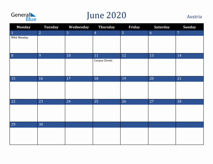 June 2020 Austria Calendar (Monday Start)