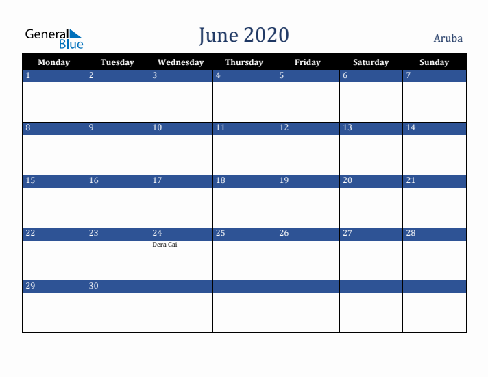 June 2020 Aruba Calendar (Monday Start)