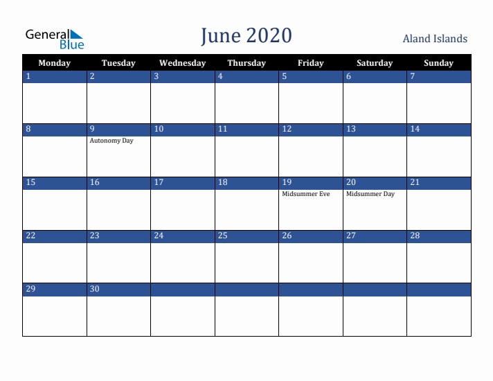 June 2020 Aland Islands Calendar (Monday Start)