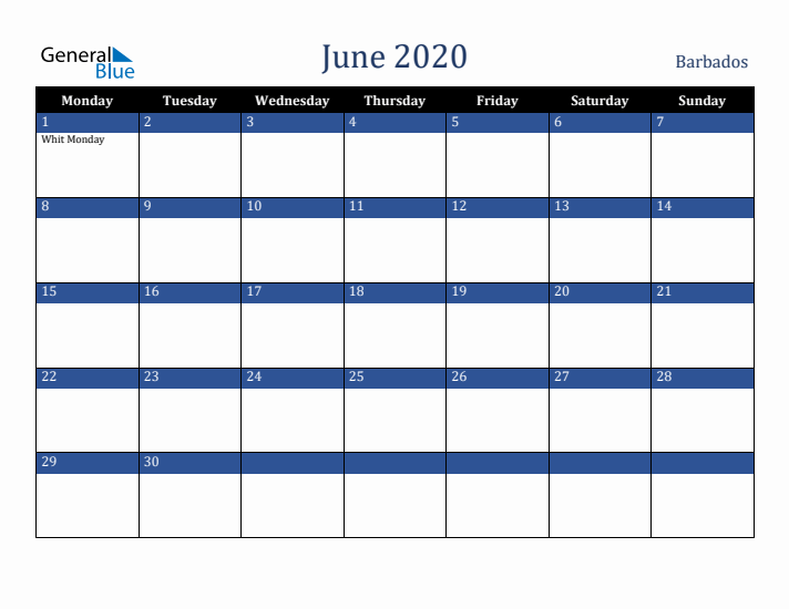 June 2020 Barbados Calendar (Monday Start)