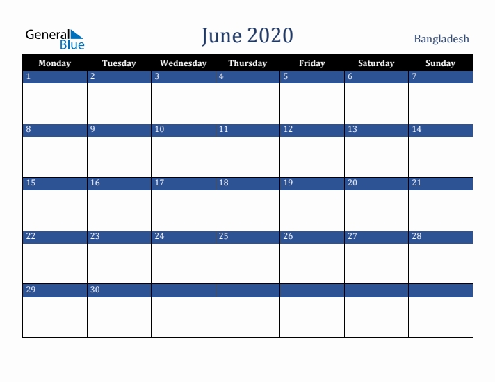June 2020 Bangladesh Calendar (Monday Start)
