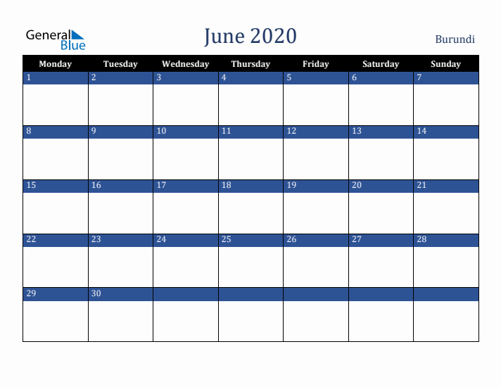 June 2020 Burundi Calendar (Monday Start)