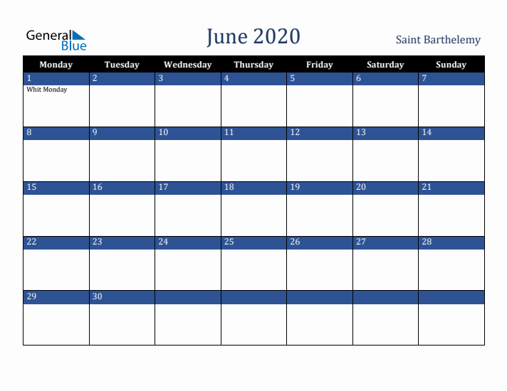 June 2020 Saint Barthelemy Calendar (Monday Start)