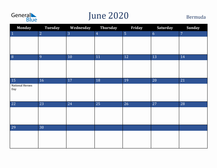 June 2020 Bermuda Calendar (Monday Start)
