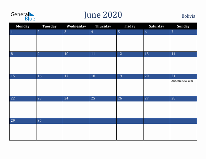 June 2020 Bolivia Calendar (Monday Start)