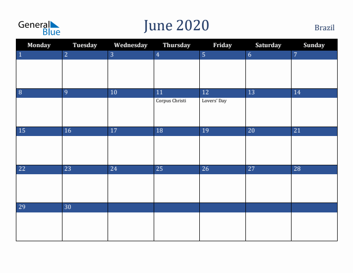 June 2020 Brazil Calendar (Monday Start)