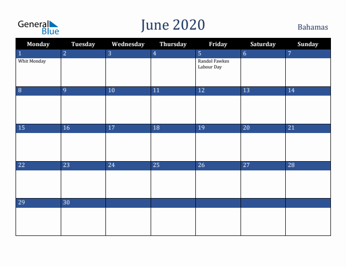 June 2020 Bahamas Calendar (Monday Start)