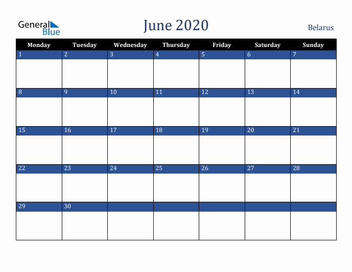 June 2020 Belarus Calendar (Monday Start)