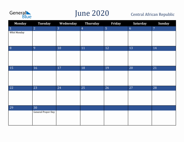 June 2020 Central African Republic Calendar (Monday Start)