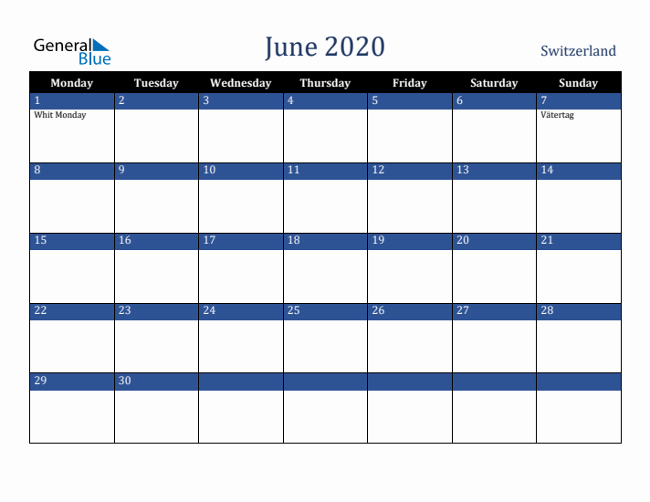June 2020 Switzerland Calendar (Monday Start)