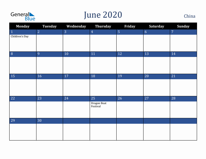 June 2020 China Calendar (Monday Start)