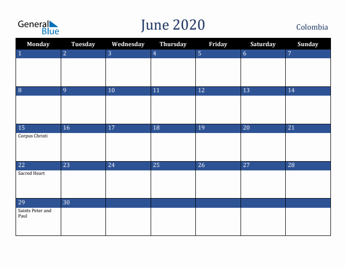 June 2020 Colombia Calendar (Monday Start)