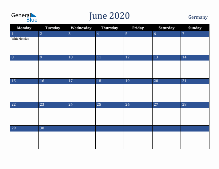 June 2020 Germany Calendar (Monday Start)