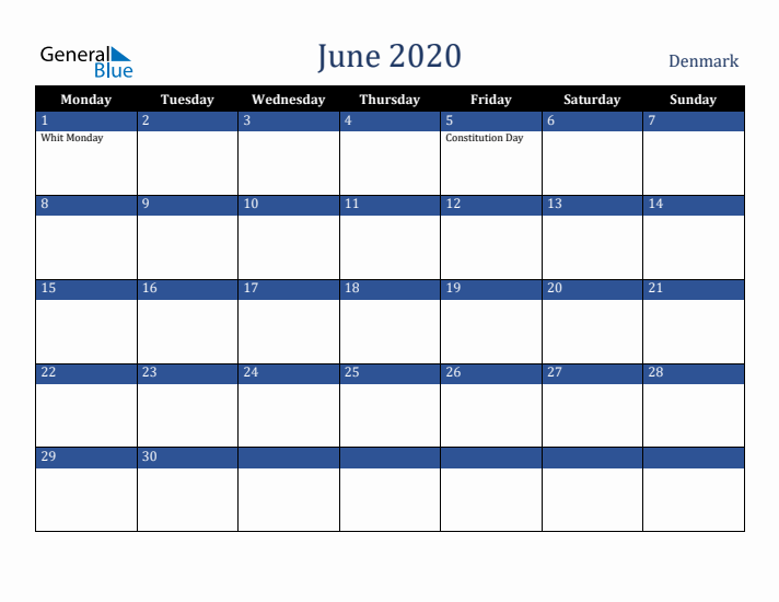 June 2020 Denmark Calendar (Monday Start)