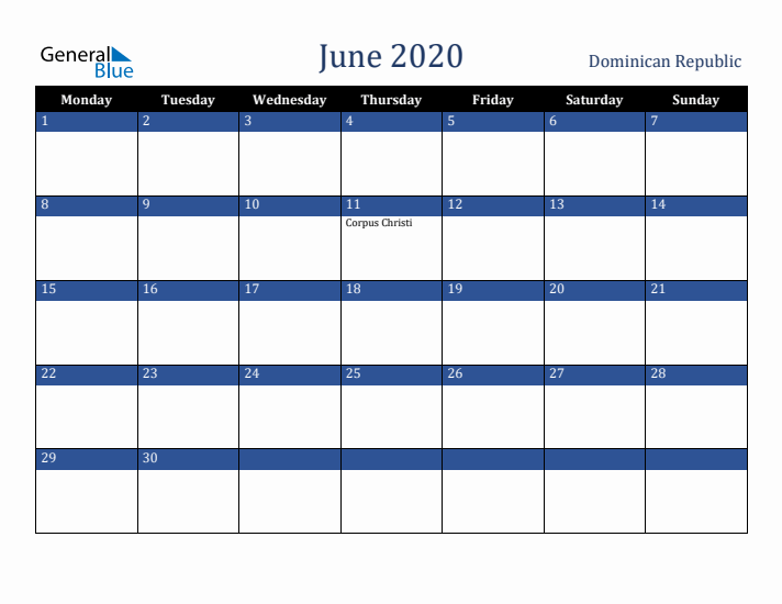 June 2020 Dominican Republic Calendar (Monday Start)