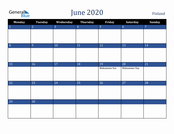 June 2020 Finland Calendar (Monday Start)