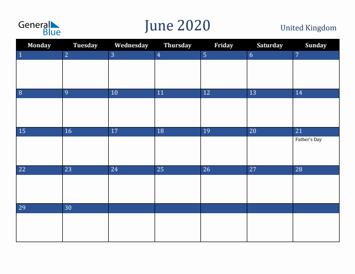 June 2020 United Kingdom Calendar (Monday Start)