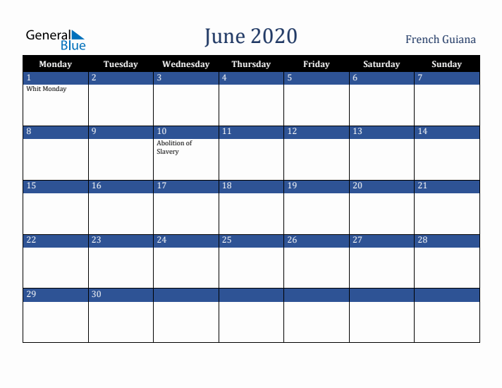 June 2020 French Guiana Calendar (Monday Start)
